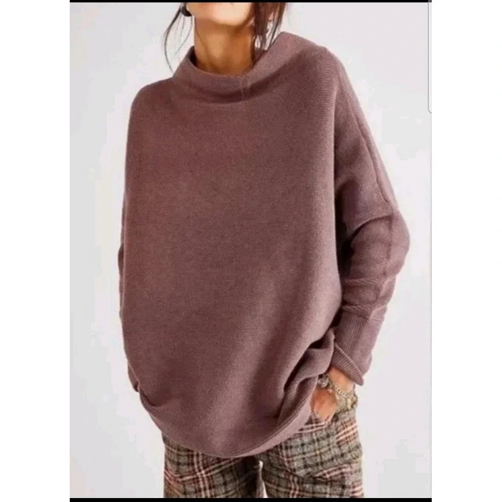 FREE PEOPLE Ottoman Slouchy‎ Tunic Ribbed Knit Mock Neck Sweater Nutmeg Sz XS